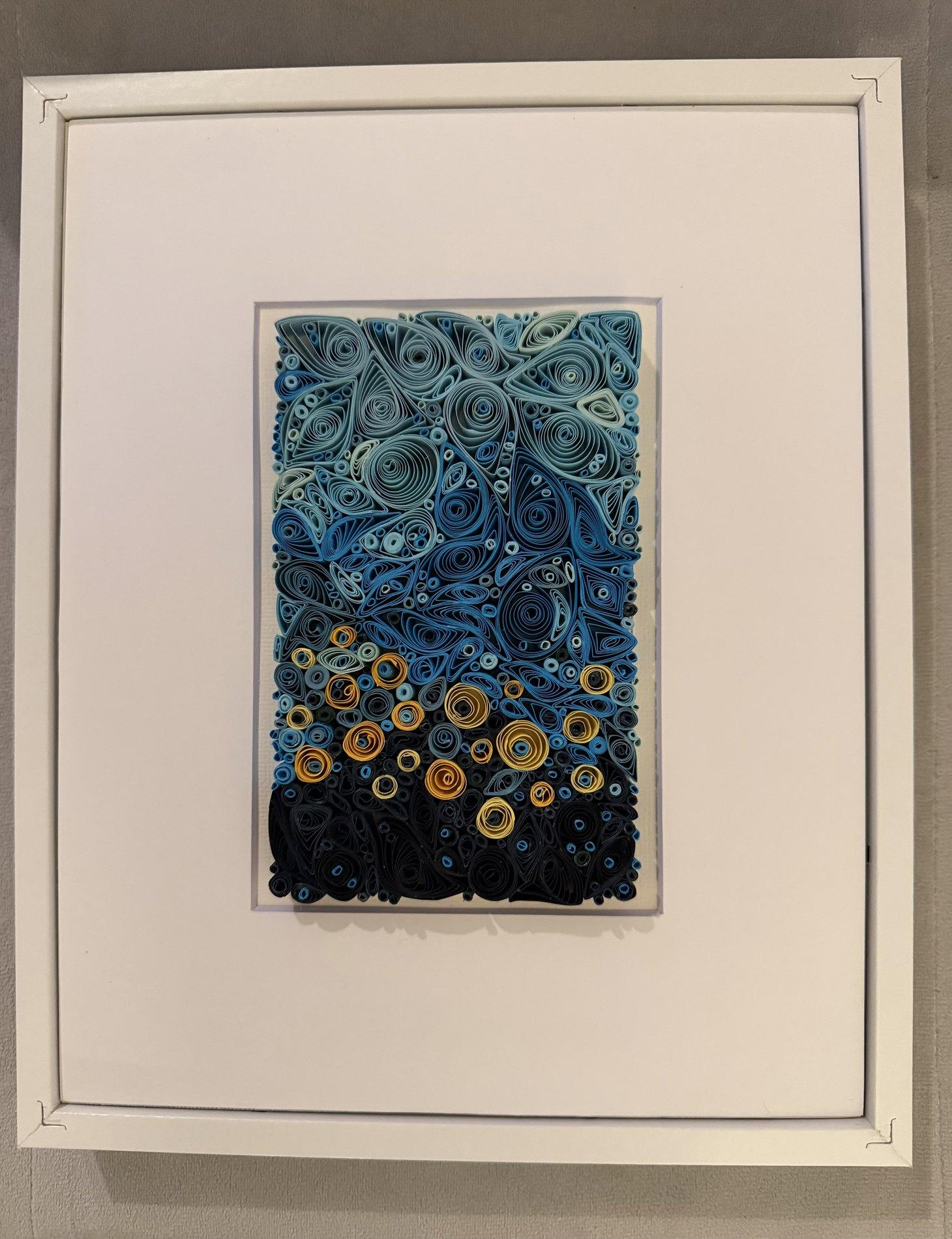 Blue and gold vertical quilling artwork with layered coils